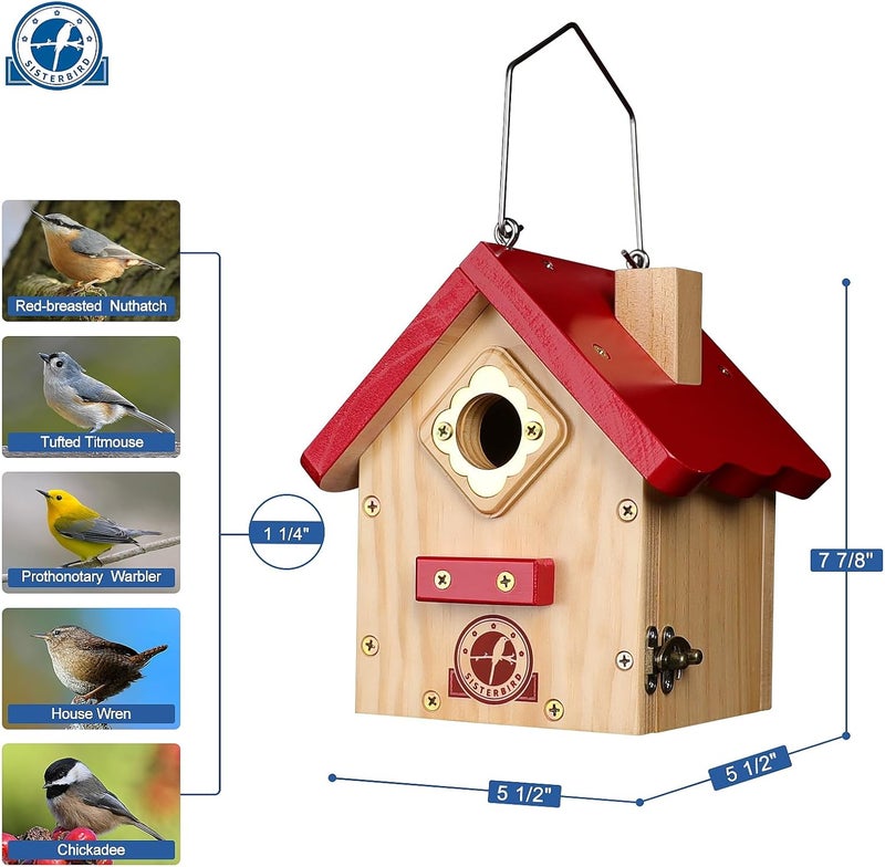 SISTERBIRD Wren Bird House, Premium Wooden Bird Houses for Outside, Classic Cabin Design Birdhouses for Outdoors, Hanging Bird House, Red-Breasted Nuthatch Wren Chickadee - Image 3